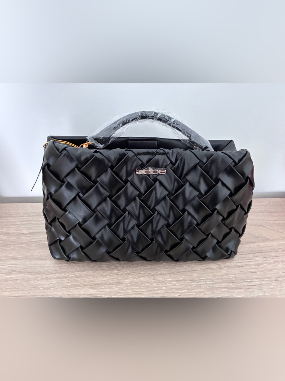 bebe Black Woven Top-Handle Satchel with Gold Logo